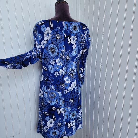 INC International Concepts Blue Black Stretch Floral Ruched Long Sleeve Dress L - Picture 3 of 13